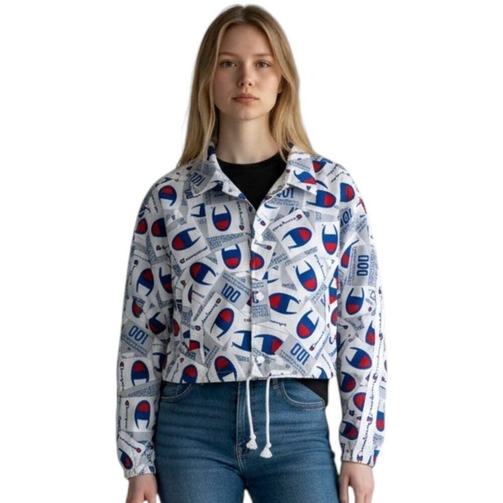 Champion Cropped Coaches Jacket XS Logo Print White Snap Front Windbreaker